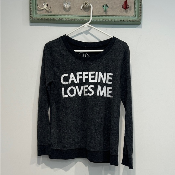 Chaser Black Long Sleeve soft cozy Tee - Caffeine Loves Me pullover grey medium - Picture 1 of 5
